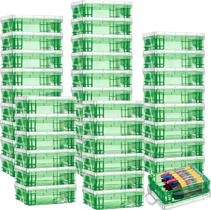 Suzile 40 Pcs Plastic Crayon Boxes Holds 24 Crayon with Snap Lid Storage Container Clear Stackable Case for School Office Classroom Supplies Pen Pencil Craft(Turquoise)