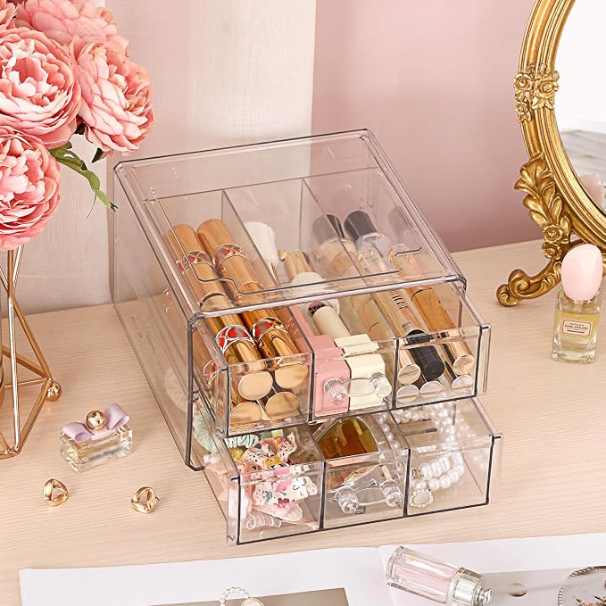 BTSKY Stackable Desk Organizer with 2 Layer Drawers, Clear Acrylic Drawer Organizer for Stationary Accessories, Medicine Cabinet, Vanity and Office Desk, Small Desktop Storage Box with 6 Grids