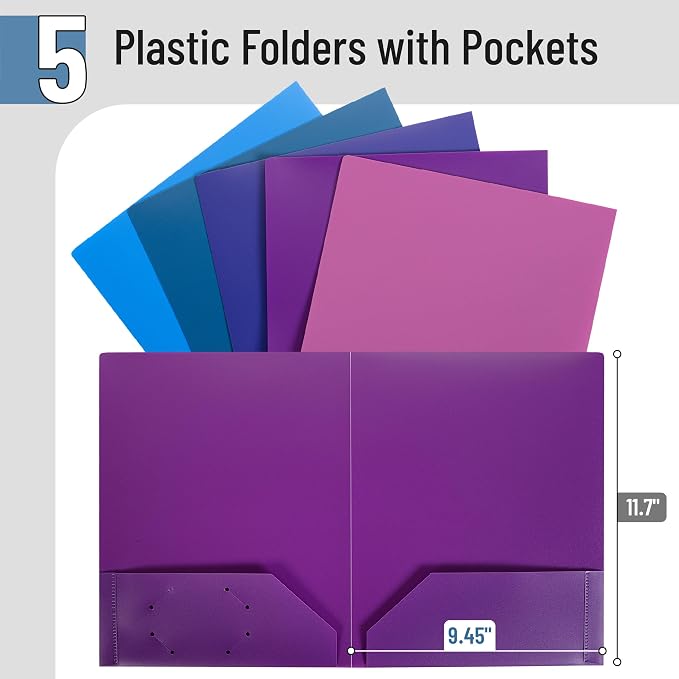 Mr. Pen- Plastic Folders with Pockets, 5 pcs, Aesthetic File Folder with Business Card Slot, 2-Pocket Folder, Back to School, Office, Filing Supplies