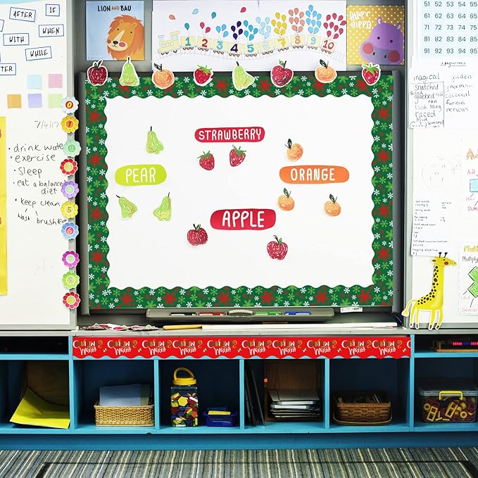 Whaline 69Ft Christmas Classroom Borders Bulletin Board Decorations Red Green Xmas Trim Border Bulletin Board Stickers for School Classroom Office Christmas Decor Party Supplies, 5 Design