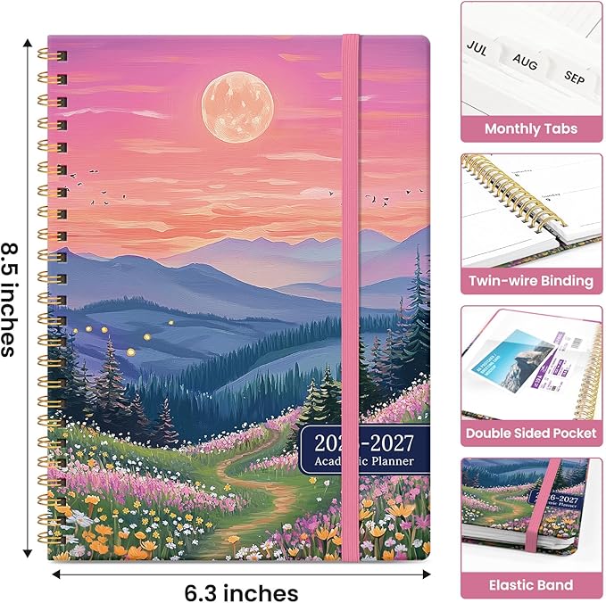 Planner 2026-2027, Academic Monthly and Weekly Calendar Planner for Women, July 2026 - June 2027, Hardcover Pretty Agenda Planner Book with Tabs, Spiral Daily Organizer for School Office Home Supplies, 6.3" x 8.5" - Dreamscape Hills