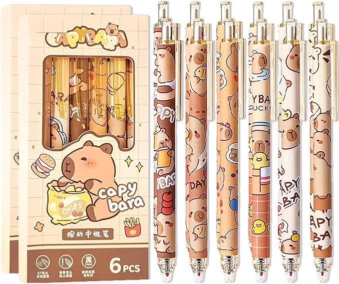 12 Pcs Cartoon Retractable Gel Ink Pens, 0.5mm Fine Tip Black Ink Cute Capybara Pen Set, Ideal for Office, School, Women & Men (Black Ink - Capybara)