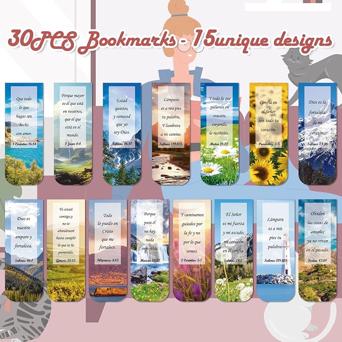 Wxiben Spanish Christian Magnetic Bookmark - 30PCS Bible Verse Magnetic Bookmarks Scripture Scenery Book Marks Inspirational Religious Book Mark Magnets Page Marker Clip for Students Teacher Reading
