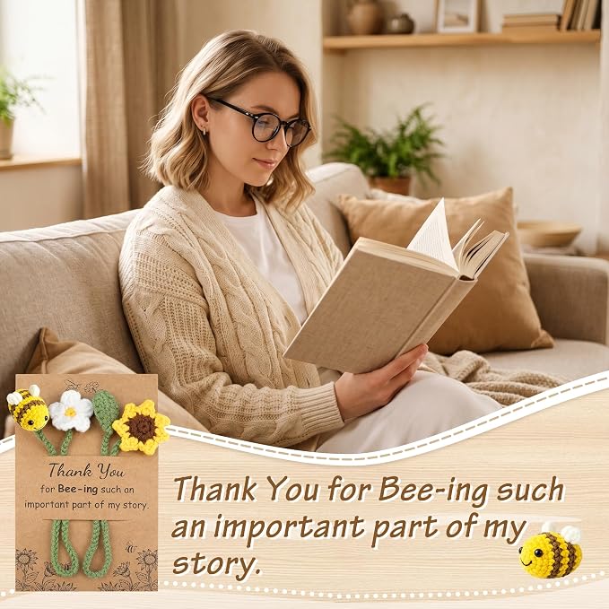 Sereney 2 Pack Bookmarks as Teacher Gifts, Book Lovers Appreciation Gifts Handcrafted Crochet Bee Sunflower Bookmark as Thank You Gift for Women Friend Coworker,Bookish Reader Reading Club Accessories