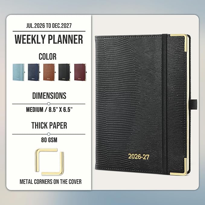 Planner 2026-2027 Weekly & Monthly Planner, 18 Month Academic Calendar July 2026 – Dec 2027, Horizontal Layout with Monthly Tabs, Hardcover Business Agenda Organizer, Black
