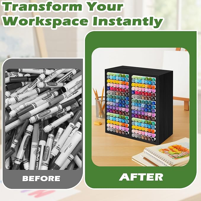 PROLEE Marker Organizer for 224 Markers,Wooden Marker Holder with 32 Slots, Pens Pencils Art Supply Alcohol Markers Storage Organizer for Desk Home Classroom Office Decor(Black,15“x11”x5.2 “)