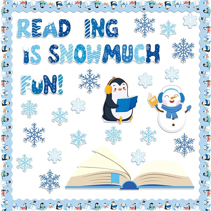 TaoBary 73 Pcs Winter Snowflake Bulletin Board Set Snowflake Penguin Snowman Umbrella Cutouts Learning is Snow Much Fun Bulletin Board Decorations for School Home Chalkboard Wall Decor (Cute)