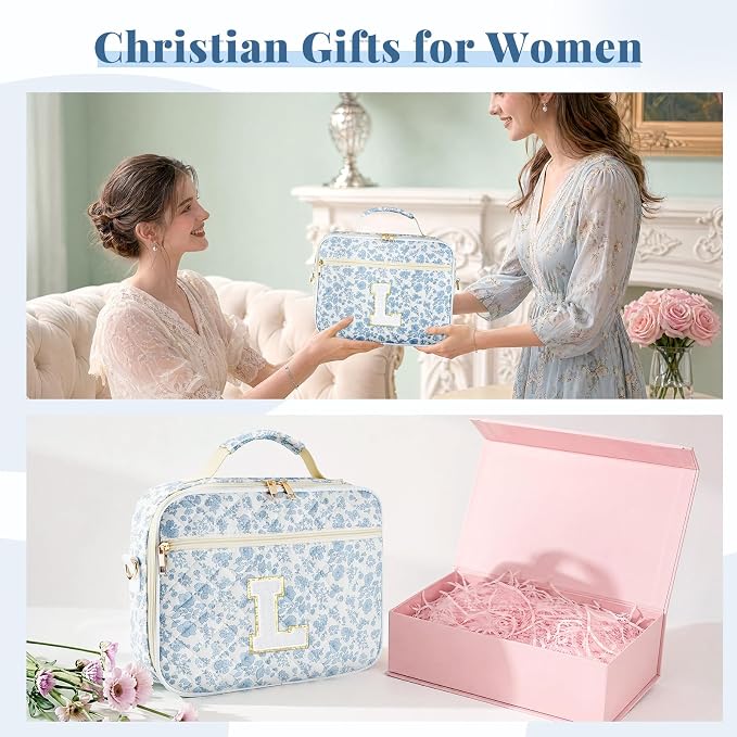Personalized Initial Bible Cover Case for Women, Large Quilted Bible Bag with Durable Handle, Stylish Church Bag Journaling Kit with Study Supplies Accessories, Christians Gifts for Women (Blue-L)