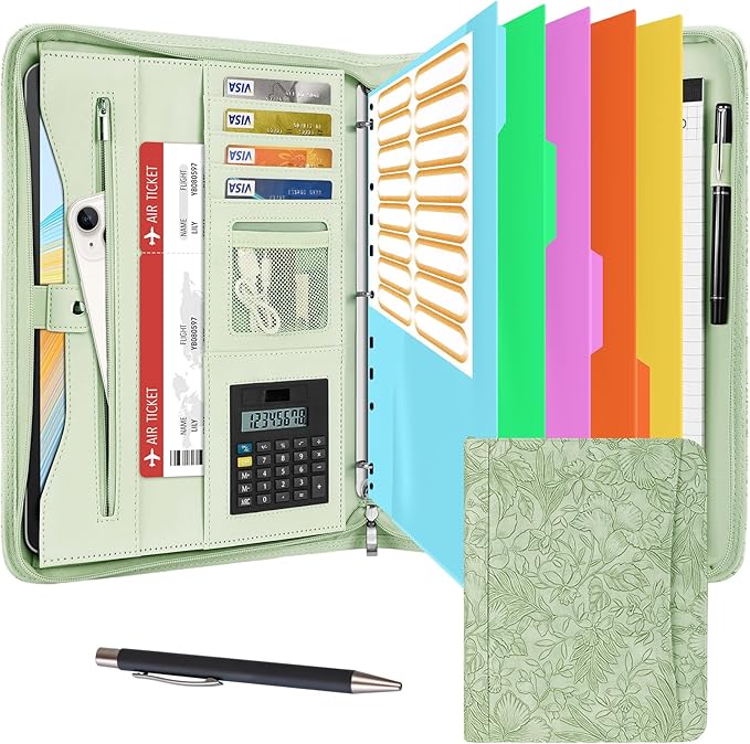 Eshow Portfolio Organizer - 3 Ring Binder with Zipper, Vegan Leather Business Padfolio Folder with Notepad Includes 5 Color Sheet Protectors for Documents Files for Men Women