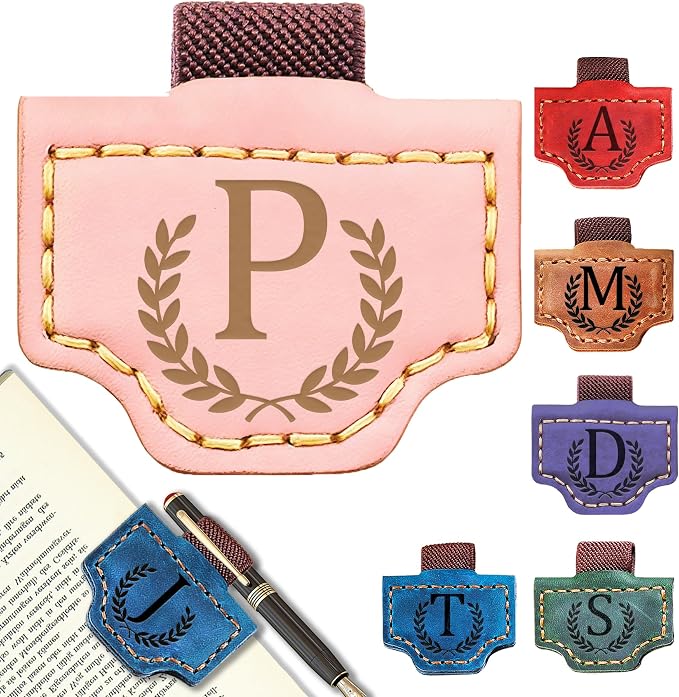 Personalized Leather Magnetic Bookmark with Pen Holder, Bookmark 26 Letters Name Initial Bookmarks for Readers, Book Lover Gifts for Women Men Notebook Accessories (Pink, P)