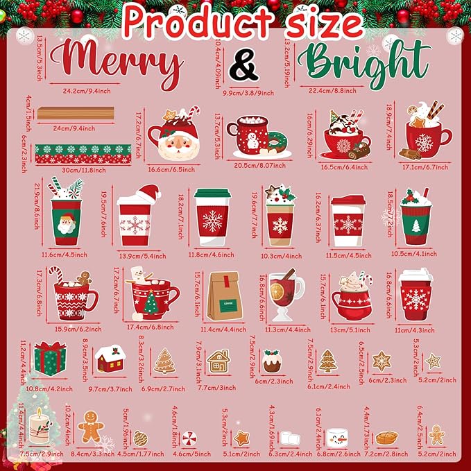 Christmas Bulletin Board Set Merry & Bright Coffee Cup Classroom Decorations Christmas Latte Santa Snowmen Bookshelf Paper Cutouts for Door Wall Decor Xmas Winter Holiday Party Supplies