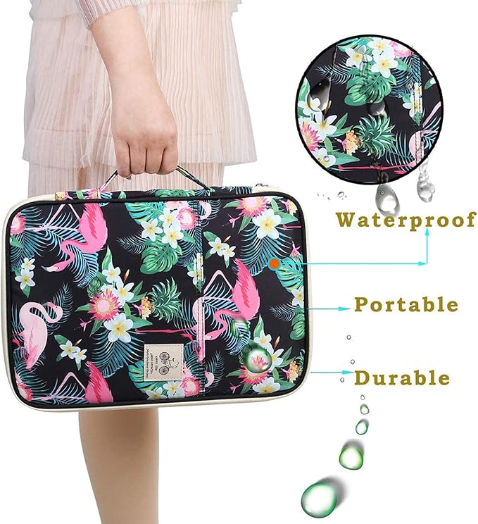 JAKAGO A4 Travel Portfolio Multifunctional Document Organizer Zippered Case for Office Supplies (Flamingo)