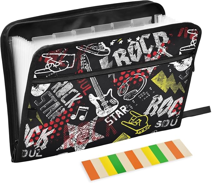 Grunge Rock Music Guitar File Folders,Plastic Folders with 13 Pockets,Expandable File Folder for Documents School Students Office,Aesthetic Folder with Labels A4 Letter Size