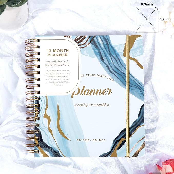 CAGIE 2026 Planner Weekly and Monthly Dec 2025–Dec 2026 Hardcover Planner with Pockets, 13 Month Large Blue Marble Calendar Planner with Stickers Tabs, Spiral Bound Yearly Calendar Planner for Women, 8.3" x 9.3"