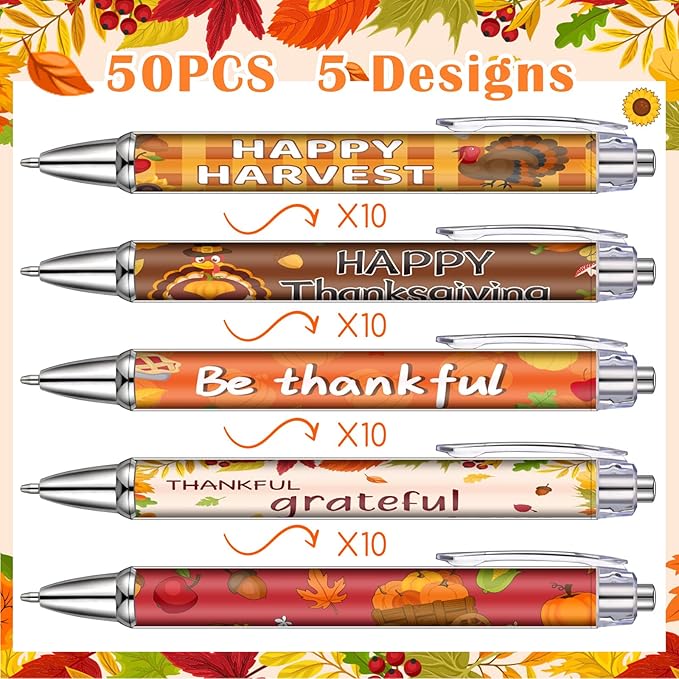 Sayglossy 50 Pcs Thanksgiving Pens Bulk Fall Thanksgiving Party Favors Black Ink Writing Ballpoint Pen Pumpkin Autumn Maple Leaf Smooth Click Ballpoints for Autumn Harvest Party Gift Supplies