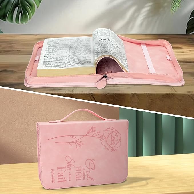 GUEER Bible Cover for Women, Bible Holder, Bible Cover Carrier Carrying Organizer Bag, Zipper and Pockets for Standard Size Bible, Gift for Women(Leather-Pink)