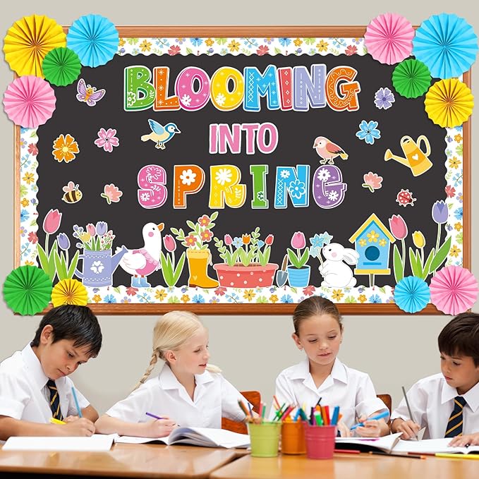 Spring Bulletin Board Decorations Set with 3D Paper Fans Blooming Into Spring for Colorful Tulip Flowers Butterfly Bee Bird Cutouts for Classroom Party School Home Office Chalkboard Wall Door Decor