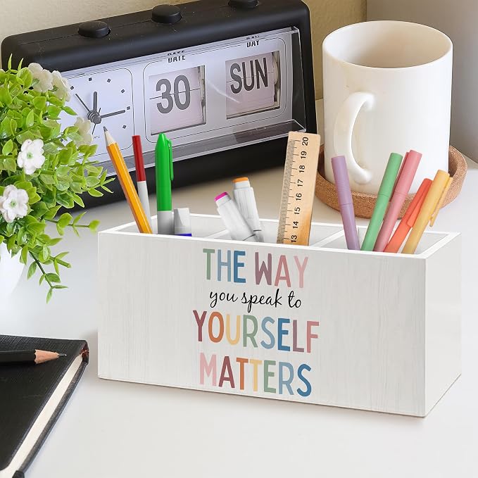 Boho Mental Health Pen Holder, Therapist Office Pen Pencil Holder Organizer for Desk Accessories, Motivational Wooden Box Desk Decor for Classroom Therapy Counselor Office Desk Decorations