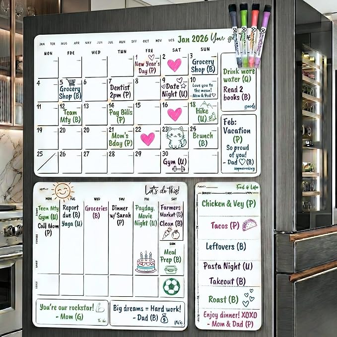 Magnetic Dry Erase Calendar for Fridge – 3 Pack Monthly Whiteboard Meal Planning Board w/4 Markers – Daily Task, Weekly Planner & Schedule Board for Refrigerator, Kitchen & Office Use