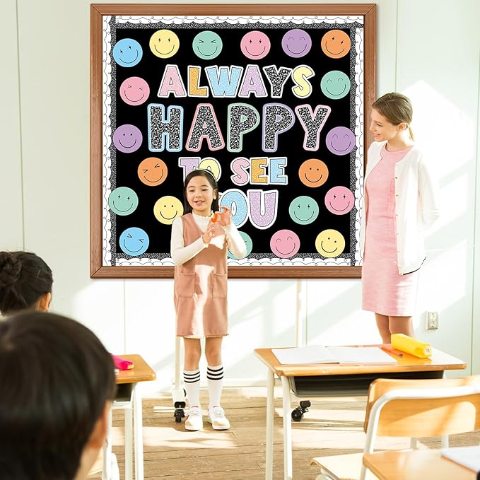 Composition Smile Face Bulletin Board Decoration Back to School Decor Always Happy to See You Bulletin Board Set Pastel Smile Face Paper Classroom Cutouts for Chalkboard Wall Door Decor Supplies