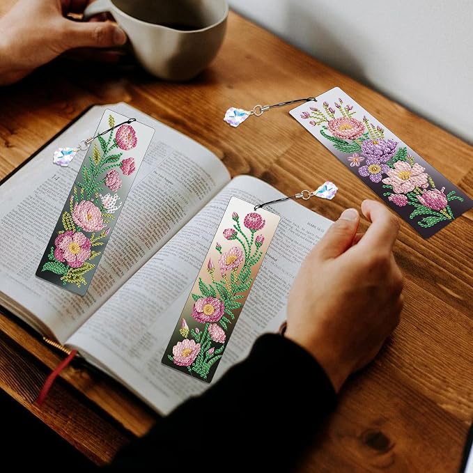 Tontut 3pcs Diamond Art Painting Kit Bookmarks, Pink Flower Exquisite Universal DIY Bookmarks, Lightweight and Durable, Suitable for Reading Lovers