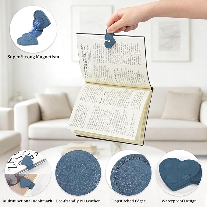 2Pcs Magnetic Leather Heart Bookmarks with Pen Holder, Cute Book Markers Clip with Gift Box, Reading Accessories for Book Lovers Women Teachers Students, Blue