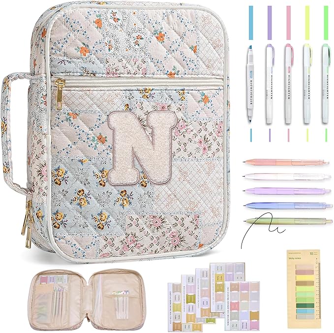 Personalized Initial Bible Cover Case for Women – Large Quilted Bible Bag with Handle, Chenille Letter, Bible Study Kit, Christian Gift for Mom, Grandma & Daughter (Patchwork Floral-N)