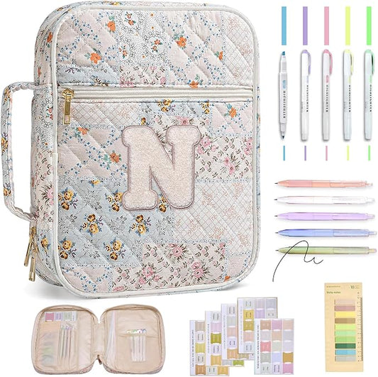 Personalized Initial Bible Cover Case for Women – Large Quilted Bible Bag with Handle, Chenille Letter, Bible Study Kit, Christian Gift for Mom, Grandma & Daughter (Patchwork Floral-N)