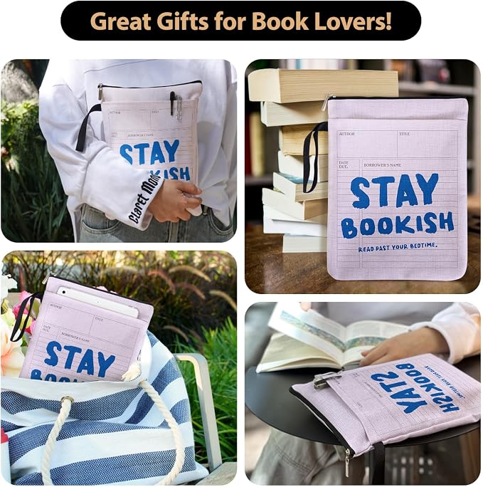 Stay Bookish Read Past Your Bedtime Book Sleeve for Women Book Lovers, Funny Book Cover Protector Gifts for Paperbacks with Handle & Pocket for Friends Librarian Bookish, Book Club Gifts