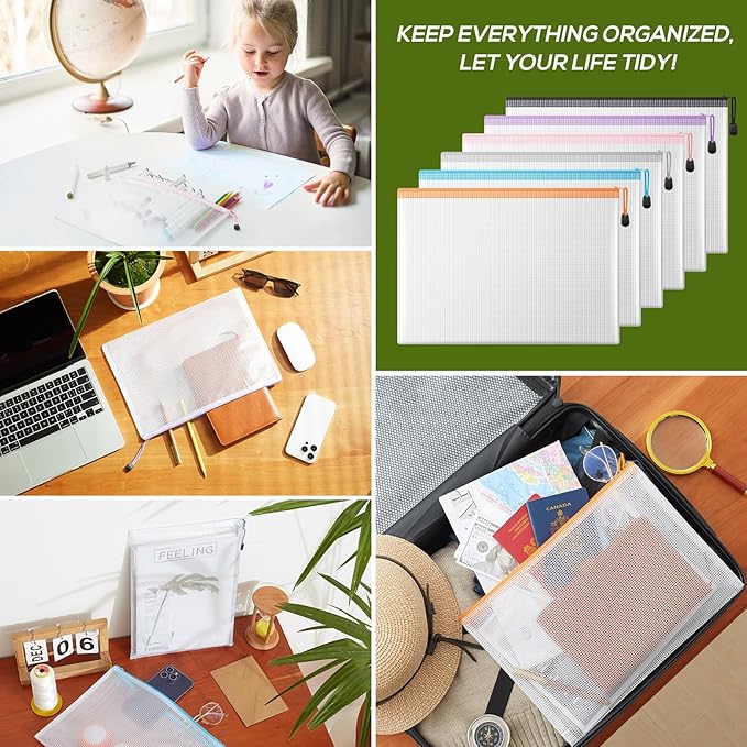 Mesh Zipper Pouch, 24PCS Waterproof Zipper Bags A4 Size Plastic Document Folders for School Supplies, Office Appliances, Home Organize and Travel Storage (Multicolore)