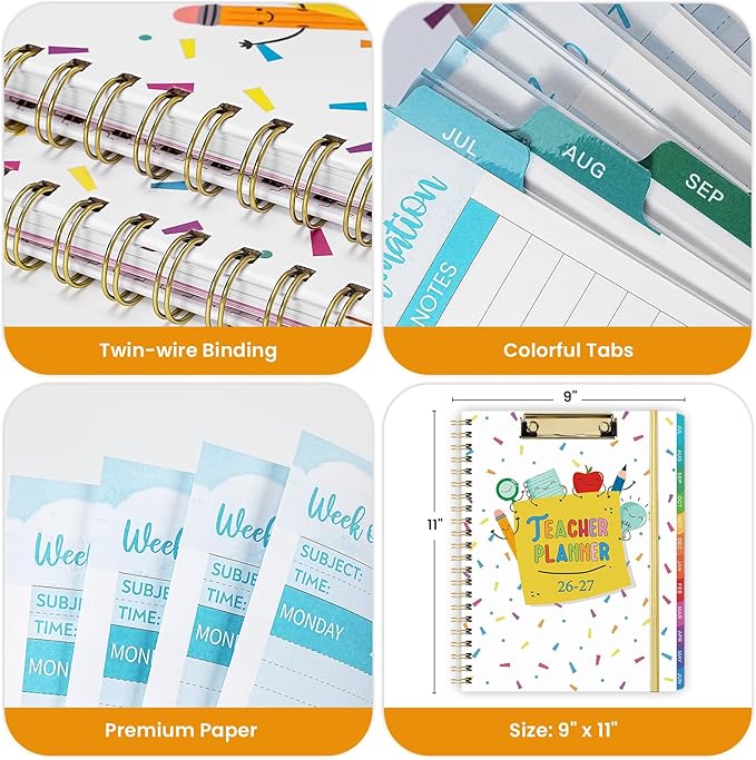 Teacher Planner 2026-2027 - Teacher Lesson Planner, July 2026 - June 2027, 2026-2027 Teacher Planner, Hardcover Planner With Clip & Double-sided Pocket, 9" x 11", Colorful Design