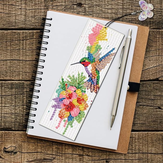 3Pcs DIY Diamond Art Painting Bookmarks with Colorful Butterfly Pendant PET Bookmark Ornament Double Sided Pattern Single Sided Diamond Book Marker Clip Gifts Tags-Flower Hummingbird