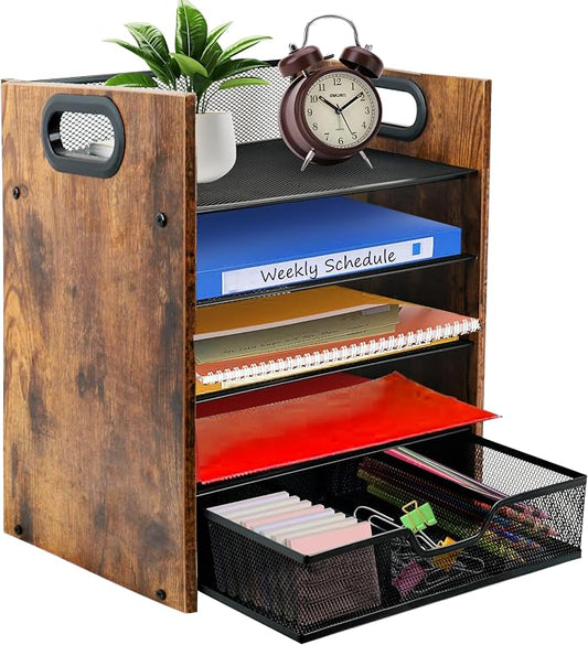 Desk Organizer, 5-Tier Desktop File Organizer with Drawer, Wooden Paper Tray Organizer, Office Desk Organzier and Accessories for Papers, Mail, Notebooks, Stationery