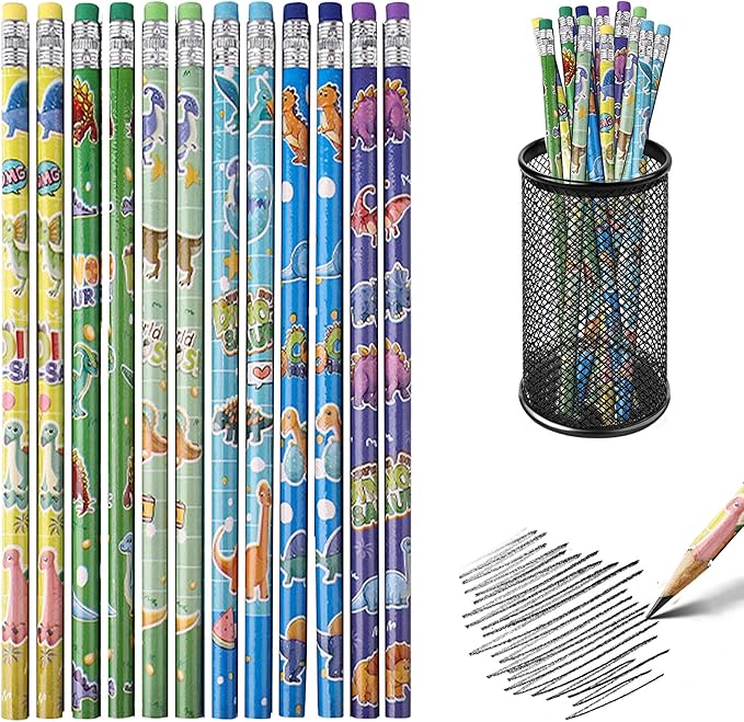 12 Pieces Dinosaur Pencils Dino Pencils with Eraser, Assorted Colorful Pencils, Novelty Fun Wood Pencils for Dinosaur Themed Birthday Party Favor,School Classroom Rewards Pencils