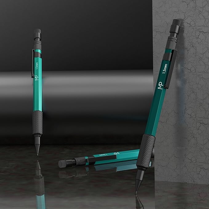 Mr. Pen- Metal Mechanical Pencil Set with Lead Refills & Erasers, 3 Pack, 1.3 mm, 3x Lead & 6x Eraser Refills, 3x Premium Erasers, Ideal for Precision Drawing Pencils for Sketching & Technical Artwork