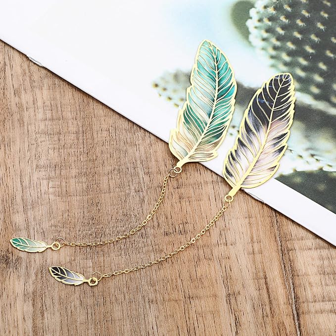 4pcs Metal Bookmarks with Chain Lotus Leaf Bookmark Birthday Gifts Teacher Christmas Gifts Unique Plant Gifts Literary Accessory Appreciation Stuffers for Women Grils Readers (Metal Feather)