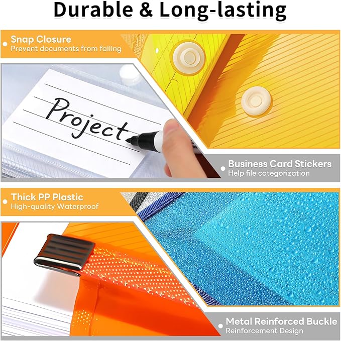 10 Pack Plastic Expanding File Folder, Transparent Folders for Documents with Snap Closure, Large Capacity, No Dividers, Fit Letter/A4 Size, 9 Colors for Tax, Office & Home School Organizer