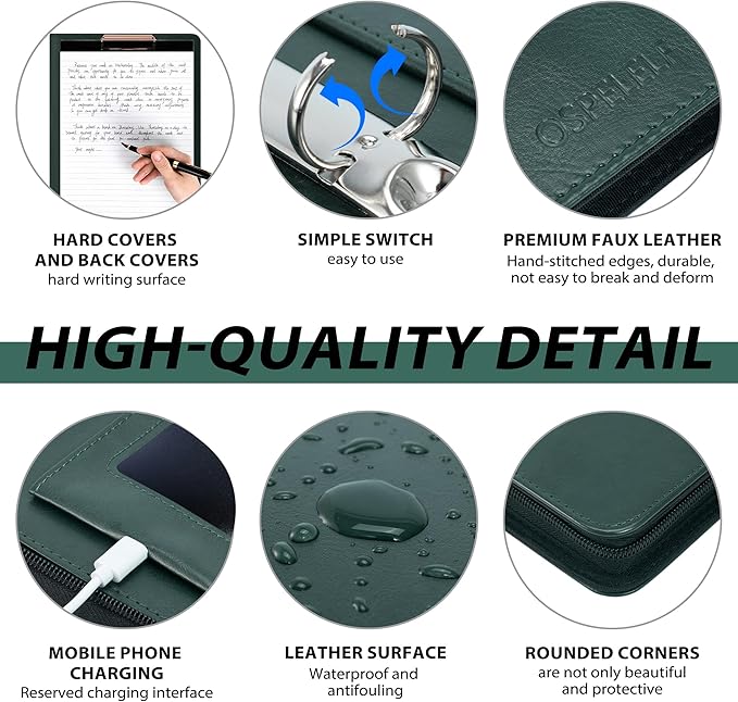 Ospelelf Leather Clipboard with Storage, Zippered Padfolio Portfolio Organizer, 3 Ring Binder 1 Inch, Notepad, Tablet Sleeve, 5 Dividers with Pocket for Office, Nurses,Students, Teachers Green