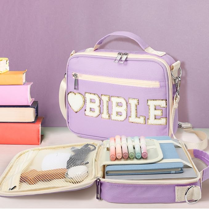 Silkfly Purple Bible Cover Case Preppy Large Chenille Letter Church Bag with Shoulder Strap Handle Back to School Gifts Waterproof Christian Tote Bag for Women Teacher Bible Accessories