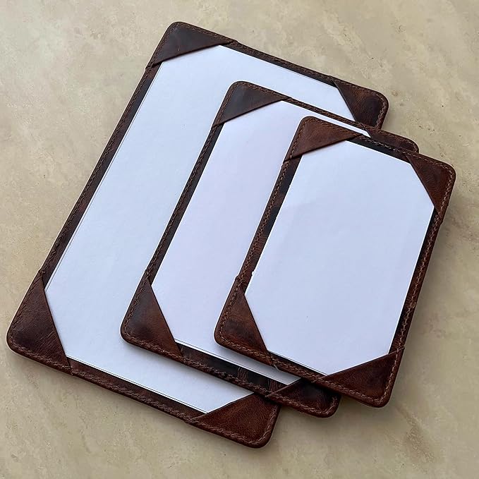 XXL Leather Jotter, 5x8 Inch Card Holder, Full Grain Leather Padfolio and Notepad, Handcrafted Brown Full Aniline Calfskin