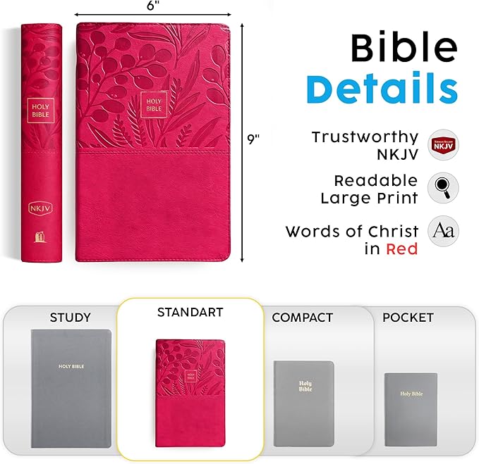 Personalized NKJV Reference Bible, Custom Name Text & Design, New King James Version, Large Print, Red Letter, Cross References, Faux Leather Pink, Baptism Confirmation Gift