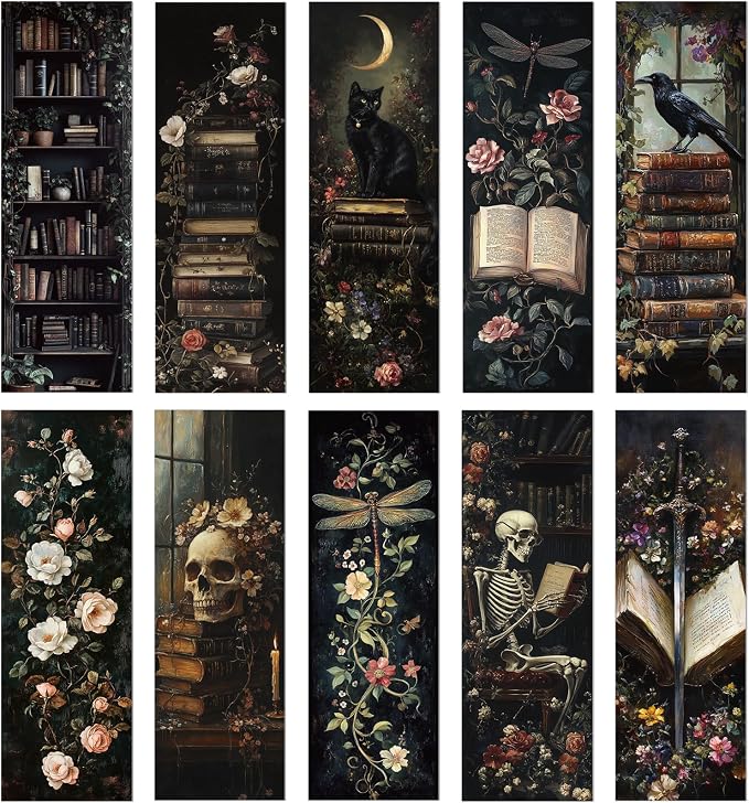 Wxiben Dark Academia Bookmarks for Women - 100 Pcs Gothic Flower Book Mark Retro Aesthetic Bookmark Skull Dragonfly Plants Page Marker Clip Gift for Book Lovers Students Teachers Bookish Reading