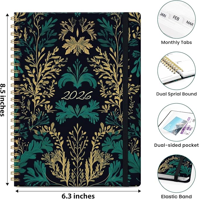 2026 Planner, Weekly and Monthly Planner for Women, January 2026 - December 2026, Hardcover 2026 Calendar Planner Book with Tabs, Inner Pocket, Spiral Bound, Perfect for Office Home School Supplies - A5 (6.3" x 8.5"), Gilded Botanica