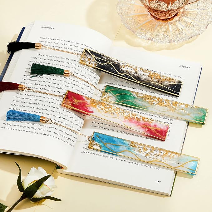 Gersoniel 4 Pieces Resin Bookmarks Handmade Resin Gilt Bookmarks with Tassels Presents for Women Kids Students Teachers and Book Lovers School Home Reading(Vibrant Color)