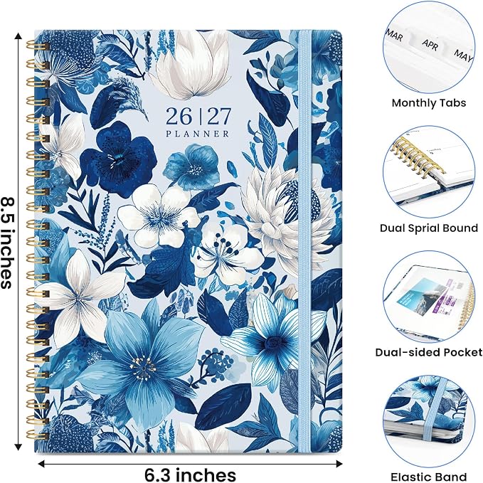 Planner 2026-2027, Monthly and Weekly Calendar Academic Planner July 2026 - June 2027, Hardcover Student Teacher Planning Agenda Book with Tabs, Perfect for Office School Supplies, A5 (6.3" x 8.5") - Sapphire Bloom