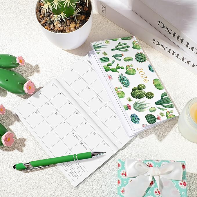 Gueevin 2026 Pocket Calendar for Purse with Pen Small Pocket Planner Handy Weekly Monthly Planner Journal Writing Notebook Valentine New Year Gift Sister Friend Women(Succulent,Green)