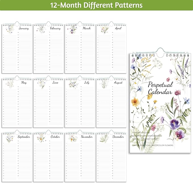 Perpetual Calendar – Undated Calendar 12-Month for Birthday, Anniversaries, Important Days, Festivals Reminder, 6'' x 10'' with 2 Lines Per Days, Twin-wire Binding, Thicker Paper, Minimalist Flowers