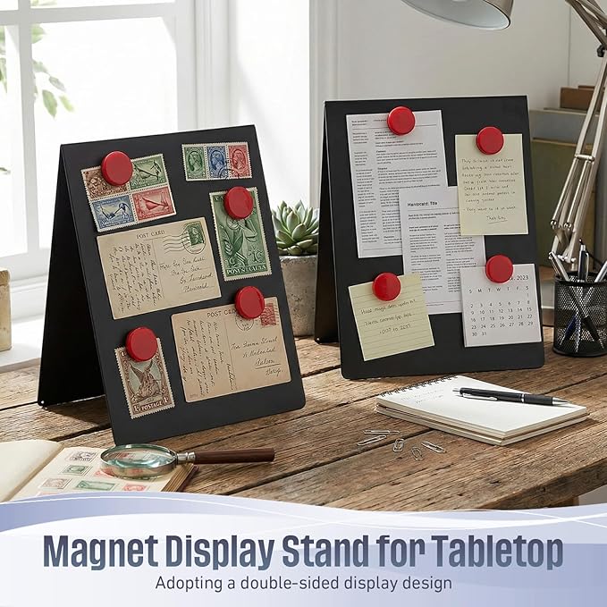 Fainne 2 Pack 11x8.5 Inch Magnet Display Stand, Double-Sided Magnetic Bulletin Board with Stand Tabletop Blank Magnetic Signs for Restaurant Menu Office Home School, Black