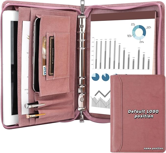 KISSKI Personalized Pink Portfolio for Women, Free Logo Custom, A5 Planner Binder 6 Ring Padfolio Organizer Folio, Engraved Gifts for Mom, Grandmam, Wife, Daughter, Handmade Customized Gifts