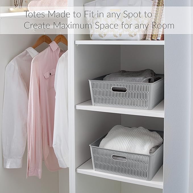 Simplify 4Pk Shallow Slide 2 Stack It Tote Basket | Storage & Organization | Open Bins with Stackable Capability | Bathroom | Crafts | Pantry | Playroom | Office | Grey (KIT-25933-GREY-4PK)